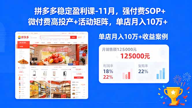 拼多多稳定盈利课-11月，强付费SOP+微付费高投产+活动矩阵，单店月入10w+-谷进海小站