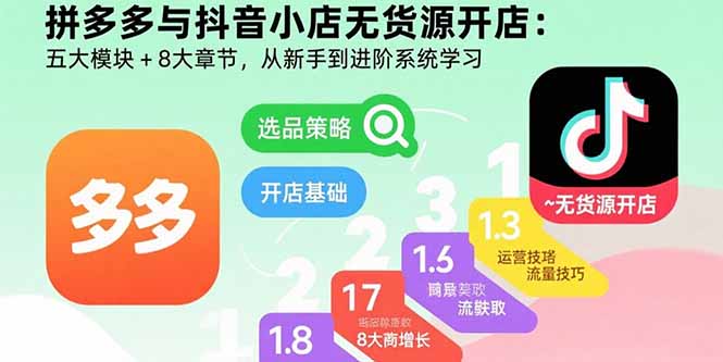 拼多多与抖音小店无货源开店：五大模块+8大章节，从新手到进阶系统学习-谷进海小站