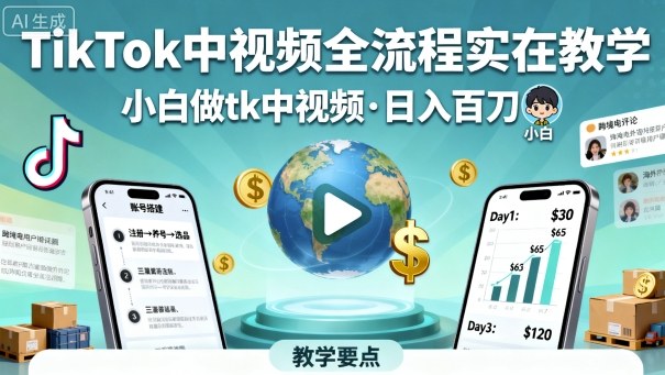 TikTok中视频全流程实操教学，小白做tk中视频，日入百刀-谷进海小站