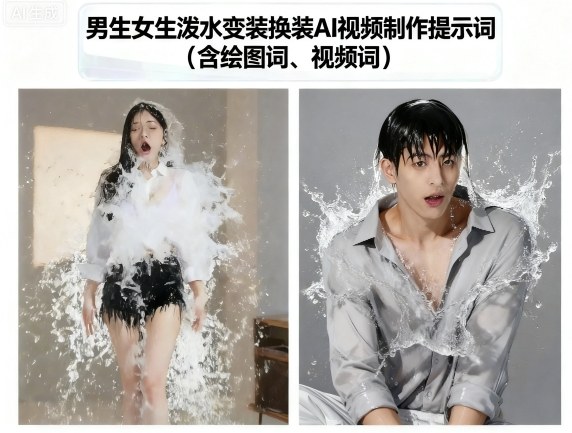 男生女生泼水变装换装AI视频制作提示词(含绘图词、视频词)-谷进海小站