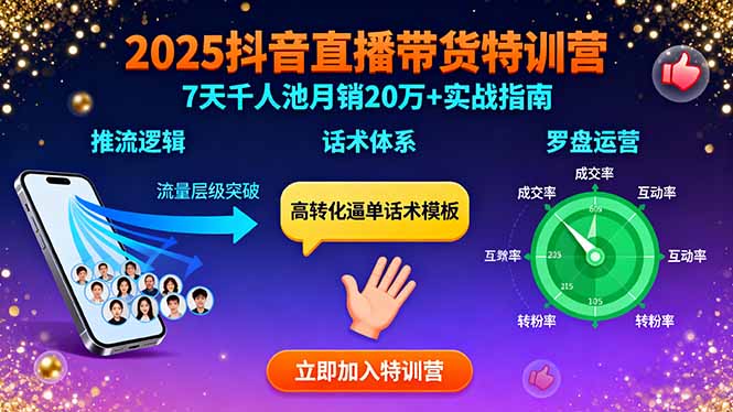 2025抖音直播带货特训：推流逻辑、话术体系、罗盘运营,7天千人池月销20万+-谷进海小站