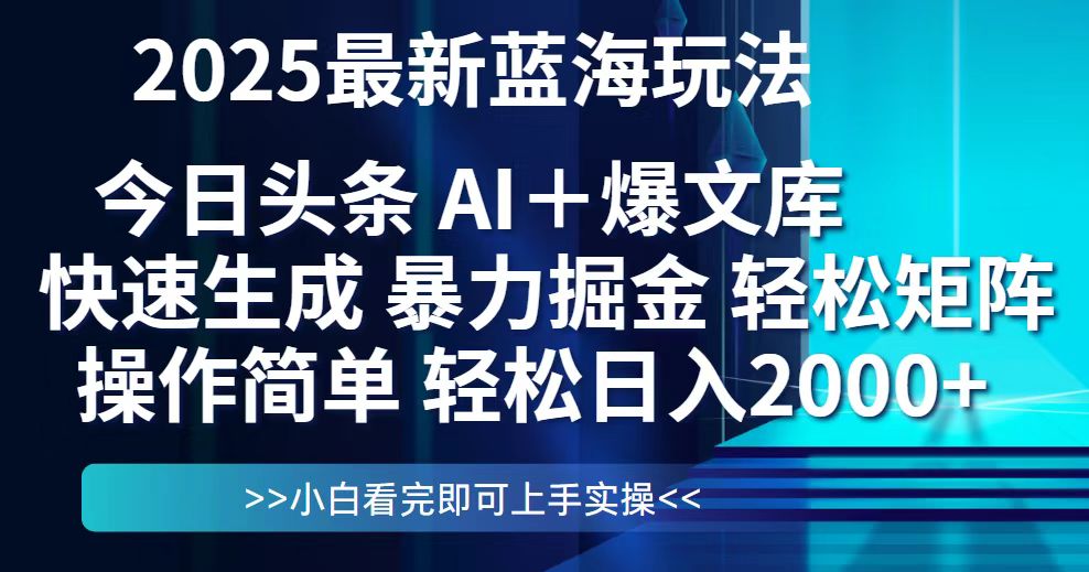 今日头条2025最新蓝海玩法，思路简单，复制粘贴，轻松实现矩阵日入2000+-谷进海小站
