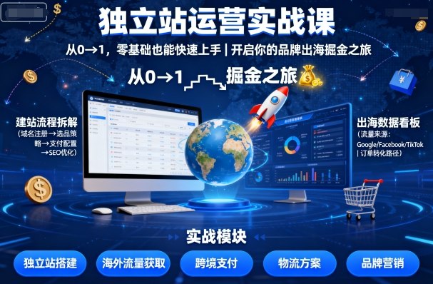 独立站运营实战课，​从0到1，零基础也能快速上手，开启你的品牌出海掘金之旅-谷进海小站