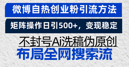 微博自热创业粉引流方法，矩阵操作日引500+，变现稳定，不封号Ai洗稿伪…-谷进海小站