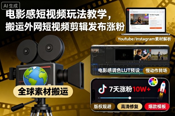 电影感短视频玩法教学，搬运外网短视频剪辑发布涨粉-谷进海小站