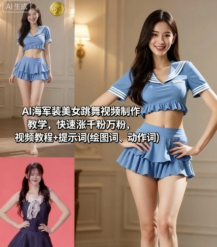 AI海军装美女跳舞视频制作教学，快速涨千粉万粉，视频教程+提示词(绘图词、动作词)-谷进海小站
