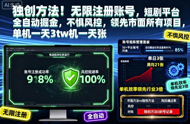 独创方法！无限注册账号，短剧平台全自动掘金，不惧风控，领先市面所有项目，单机一天3张【揭秘】-谷进海小站
