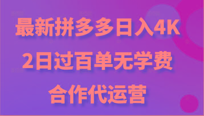 最新拼多多，日入4K+，2日过百单无学费，合作代运营-谷进海小站