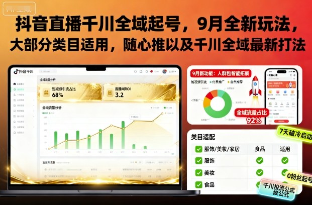 抖音直播千川全域起号，9月全新玩法，大部分类目适用，随心推以及千川全域最新打法-谷进海小站