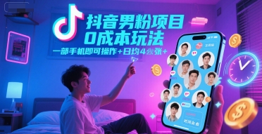 抖音男粉项目0成本玩法，一部手机即可操作，日均4张+，时间自由-谷进海小站