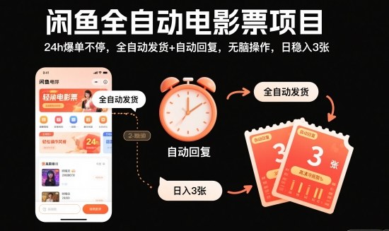 闲鱼全自动电影票项目，24h爆单不停，全自动发货+自动回复，无脑操作，日稳入3张【揭秘】-谷进海小站