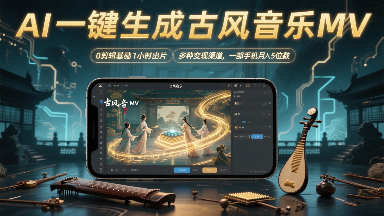 AI一键生成古风音乐MV，0剪辑基础1小时出片，多种变现渠道，一部手机月入5位数-谷进海小站