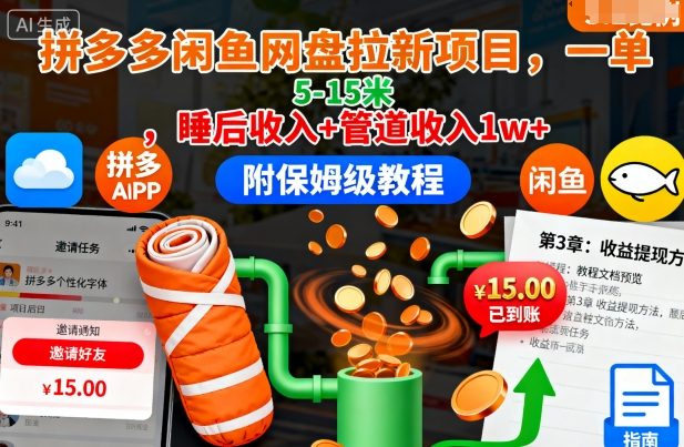 拼多多闲鱼网盘拉新项目，一单5-15米，睡后收入+管道收入1w+(附保姆级教程)-谷进海小站