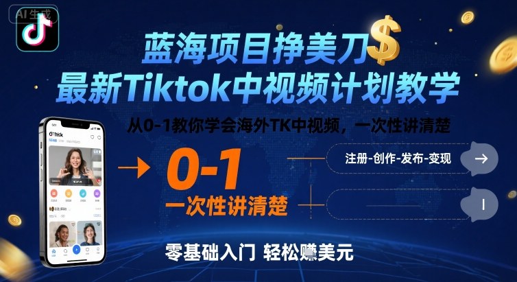 蓝海项目挣美刀，最新Tiktok中视频计划教学，从0-1教你学会海外TK中视频，一次性讲清楚-谷进海小站
