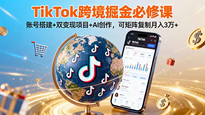 TikTo跨境掘金必修课，账号搭建+双变现项目+AI创作，可矩阵复制月入3万+-谷进海小站