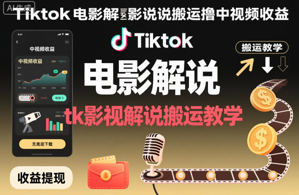 Tiktok电影解说搬运撸中视频收益，tk影视解说搬运教学-谷进海小站