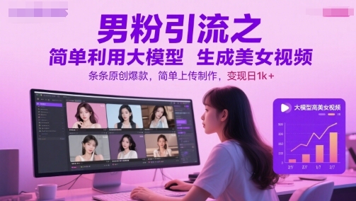 男粉引流之简单利用大模型生成美女视频，条条原创爆款，简单上传制作，变现日1k+-谷进海小站