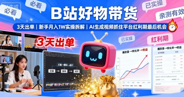 B站好物带货，3天出单，新手月入1W实操拆解，AI生成视频，抓住平台红利期最后机会-谷进海小站