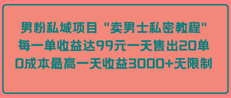 (9730期)男粉私域项目 “卖男士私密教程” 每一单收益达99元一天售出20单-谷进海小站