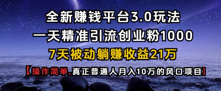 全新赚钱平台3.0玩法一天精准引流创业粉1000.7天被动躺Z收益21W【仅揭秘】-谷进海小站