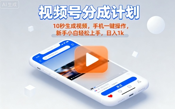 视频号分成计划懒人玩法，10秒生成视频，手机一键操作，新手小白轻松上手，日入1K【揭秘】-谷进海小站