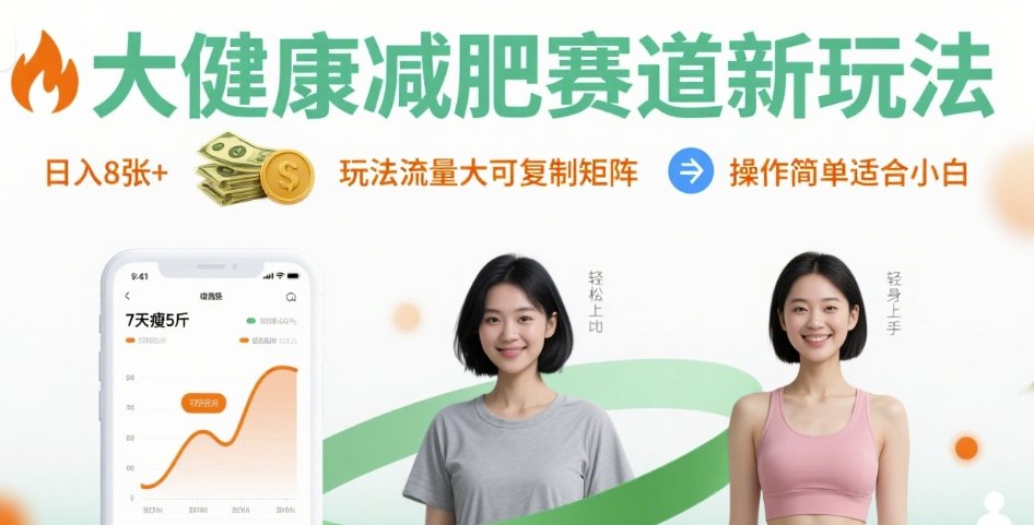 大健康减肥赛道新玩法日入8张，玩法流量大可复制矩阵，操作简单适合小白-谷进海小站
