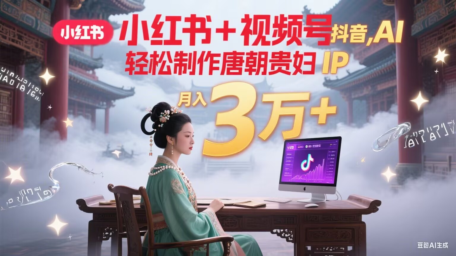 小红书+视频号+抖音，AI轻松制作唐朝贵妇IP，毒鸡汤、励志、减肥瘦身、养生赛道轻松切入，每天30分钟，轻松产出N条，月入3万+-谷进海小站
