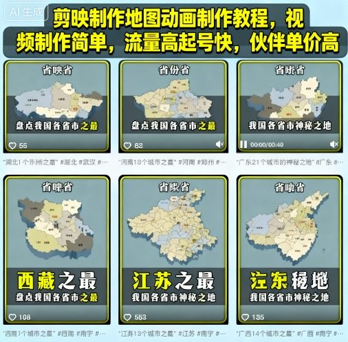 剪映制作地图动画制作教程，视频制作简单，流量高起号快，伙伴单价高-谷进海小站