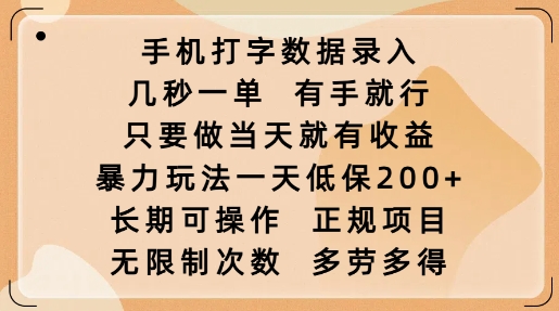 手机打字数据录入，几秒一单，有手就行，只要做当天就有收益，暴力玩法一天低保2张-谷进海小站