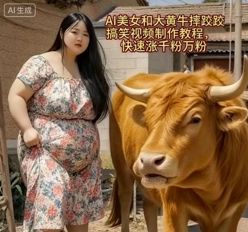 AI美女和大黄牛摔跤搞笑荒诞视频制作教程，快速涨千粉万粉-谷进海小站