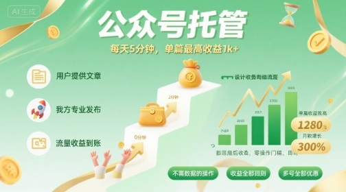 【公众号托管 】我提供文章，你发布，每天5分钟，单篇最高收益1k+【揭秘】-谷进海小站