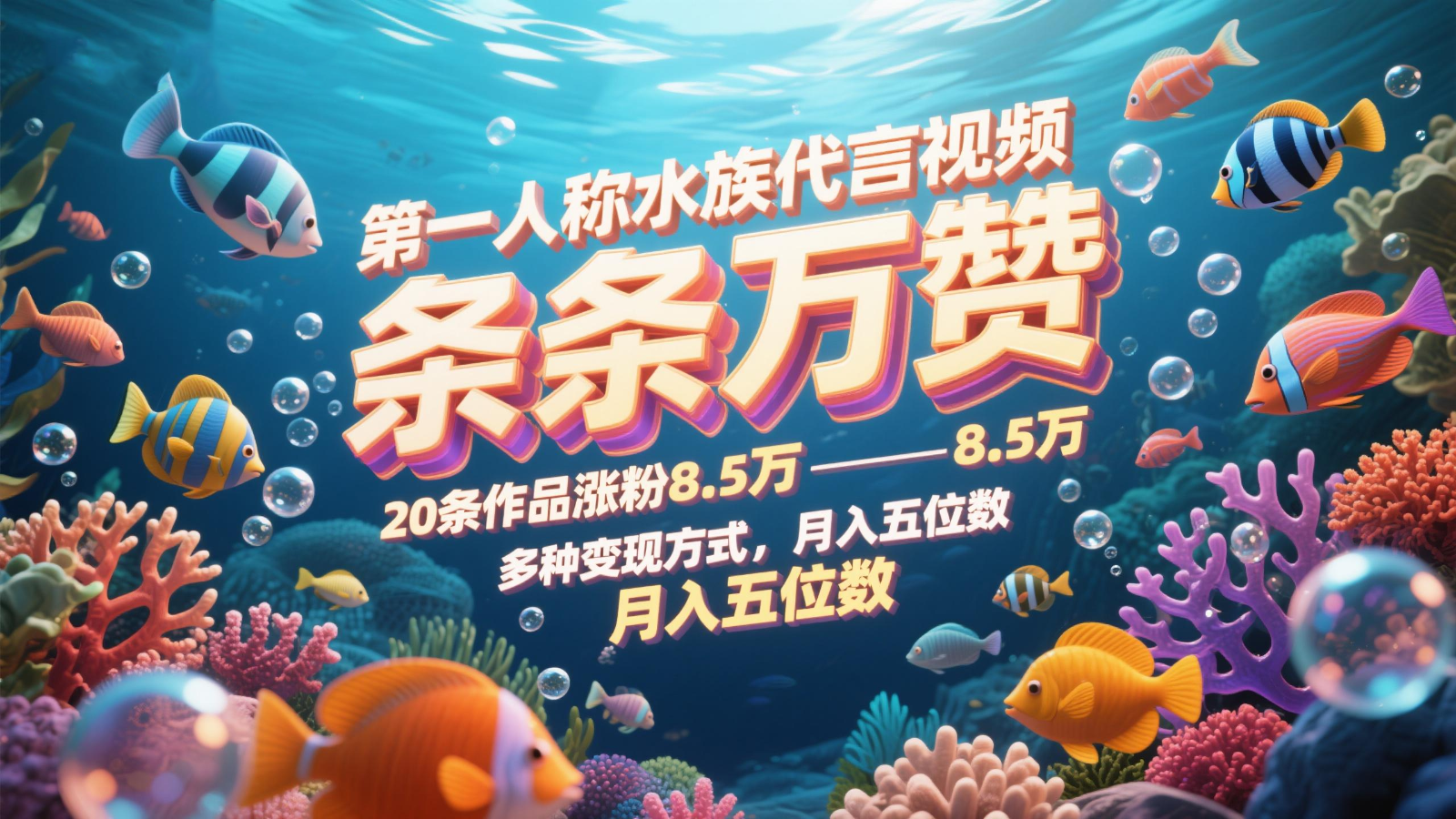 第一人称水族代言视频，条条万赞，20条作品涨粉8.5万，多种变现方式月，入五位数-谷进海小站