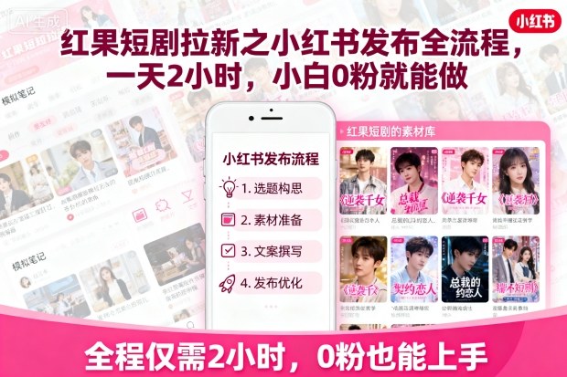 红果短剧拉新之小红书发布全流程，一天2小时，小白0粉就能做-谷进海小站