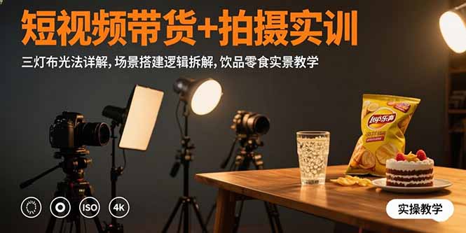 短视频带货+拍摄实训：三灯布光法详解,场景搭建逻辑拆解,饮品零食实景教学-谷进海小站