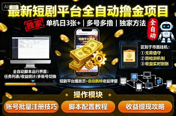 最新短剧平台全自动挂G撸金项目，单机一天3张+，多号多撸，区别于市面所有挂机项目，独家方法【揭秘】-谷进海小站