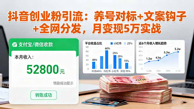 抖音创业粉引流：养号对标+文案钩子+全网分发，月变现5万实战-谷进海小站