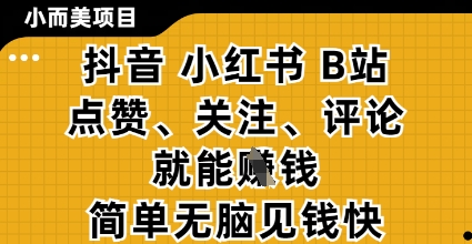 小而美的项目，抖音小红书B站视频点赞、关注、评论就能挣钱，简单无脑立见收益，妥妥的零撸项目【揭秘】-谷进海小站