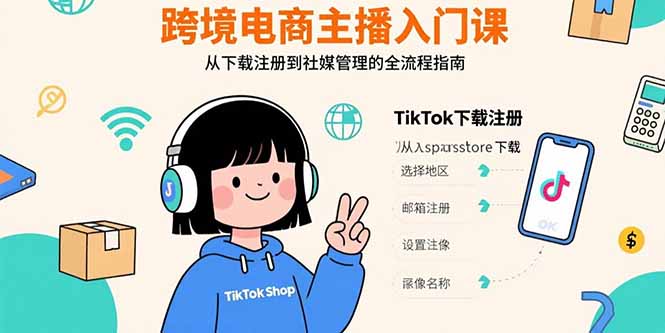 跨境电商主播入门课，TikTok下载注册，支付工具配置，社媒账号管理全流程-谷进海小站