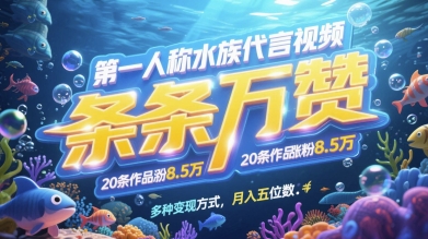 第一人称水族代言视频，条条万赞，20条作品涨粉7.8W，多种变现方式月入五位数-谷进海小站