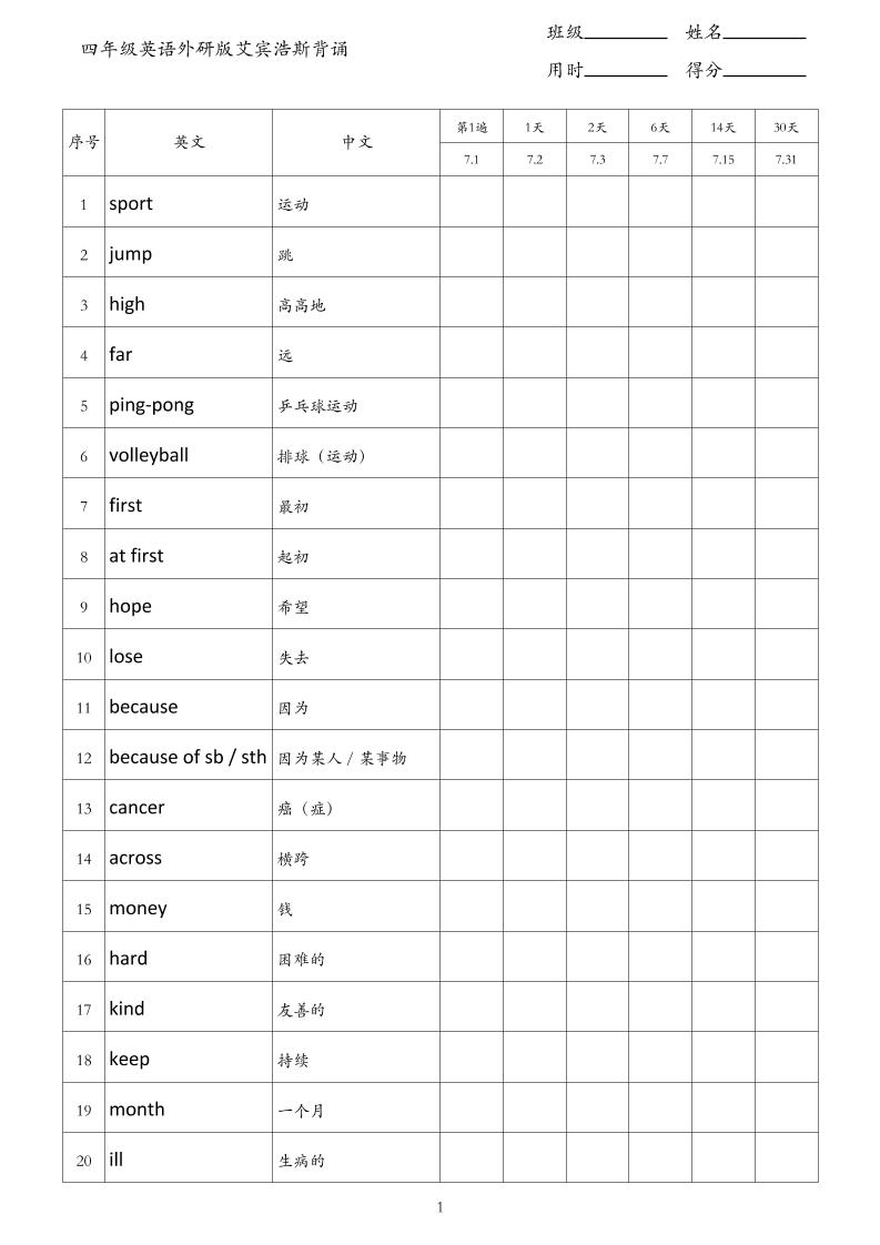 四年级英语外研版艾宾浩斯背诵-四上英语-谷进海小站