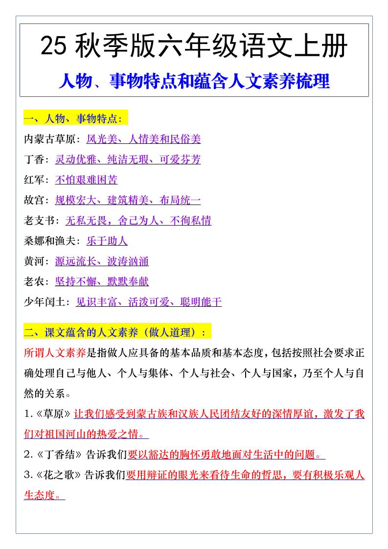【2025秋新版】六年级语文上册人物、事物特点和蕴含人文素养梳理-谷进海小站