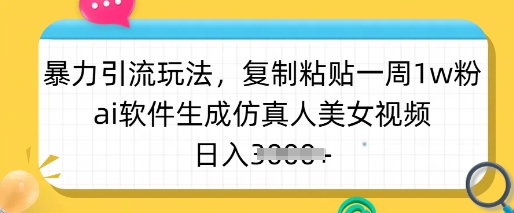 暴力引流玩法，复制粘贴一周1w粉，ai软件生成仿真人美女视频，日入多张-谷进海小站