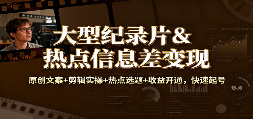 大型纪录片&热点信息差变现：原创文案+剪辑实操+热点选题+收益开通，快速起号-谷进海小站