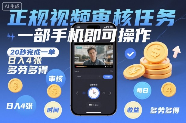 正规视频审核任务，一部手机即可操作，20秒完成一单，日入4张，多劳多得【揭秘】-谷进海小站