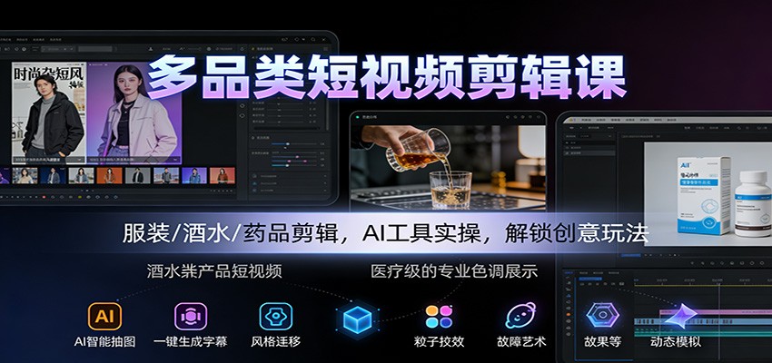多品类短视频剪辑课：服装/酒水/药品剪辑，AI工具实操，解锁创意玩法-谷进海小站