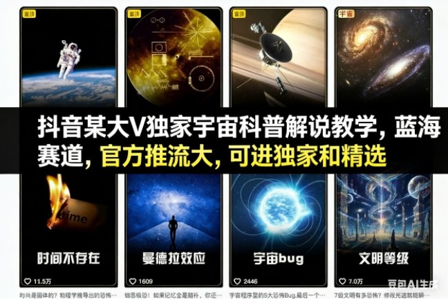抖音某大V独家宇宙科普解说教学，蓝海赛道，官方推流大，可进独家和精选-谷进海小站
