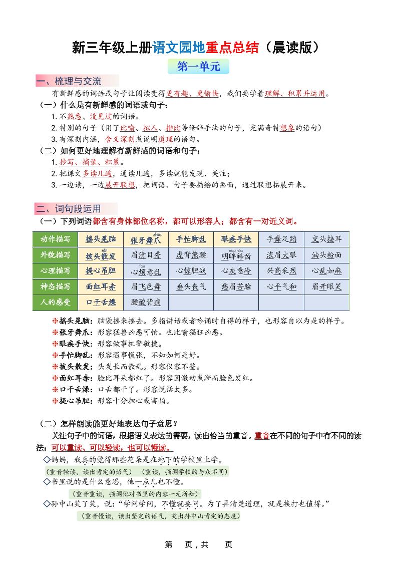 新三上语文1-8单元语文园地重点总结（晨读晚练）20页-谷进海小站