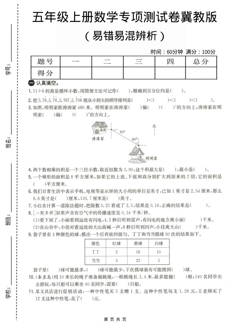 五年级上数学易错易混辩护专项测试卷《冀教版》-谷进海小站