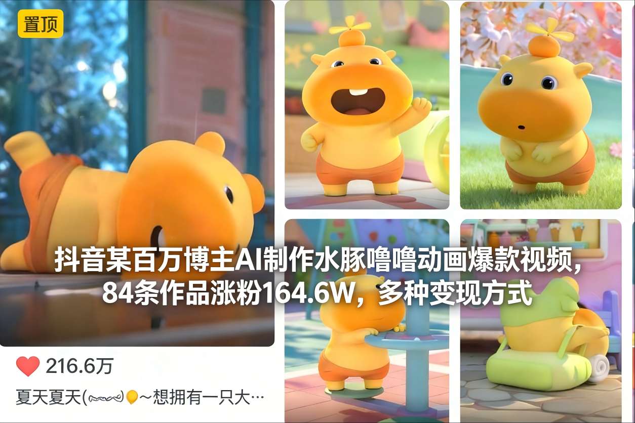 抖音某百万博主AI制作水豚噜噜动画爆款视频，84条作品涨粉164.6W，多种变现方式-谷进海小站