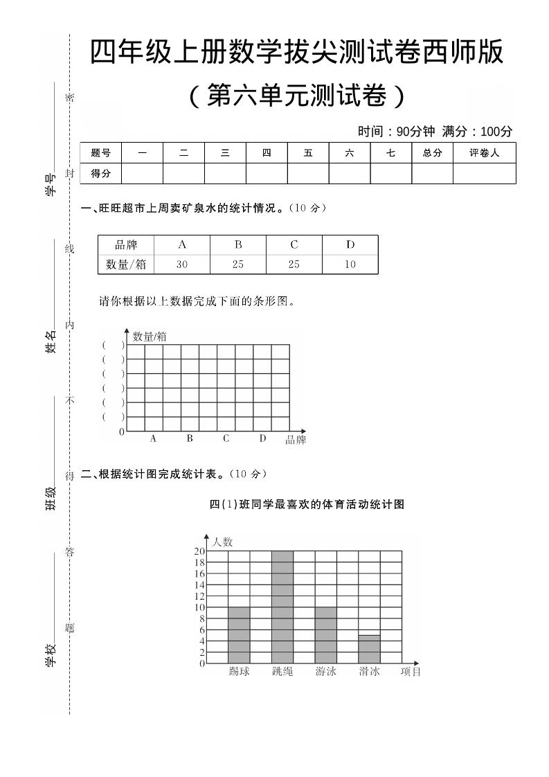 四年级上数学第六单元拔尖测试卷《西师版》-谷进海小站
